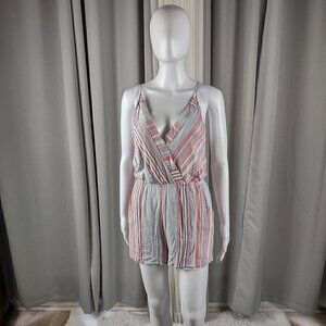 Addie Women's Red Pastel Striped Spaghetti Strap 2 Pocket Romper Size Medium